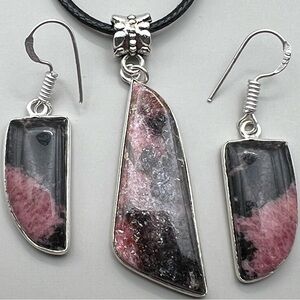 New Pink Rhodonite Stone Silver Overlay Pendant Earrings Necklace Set w Cord